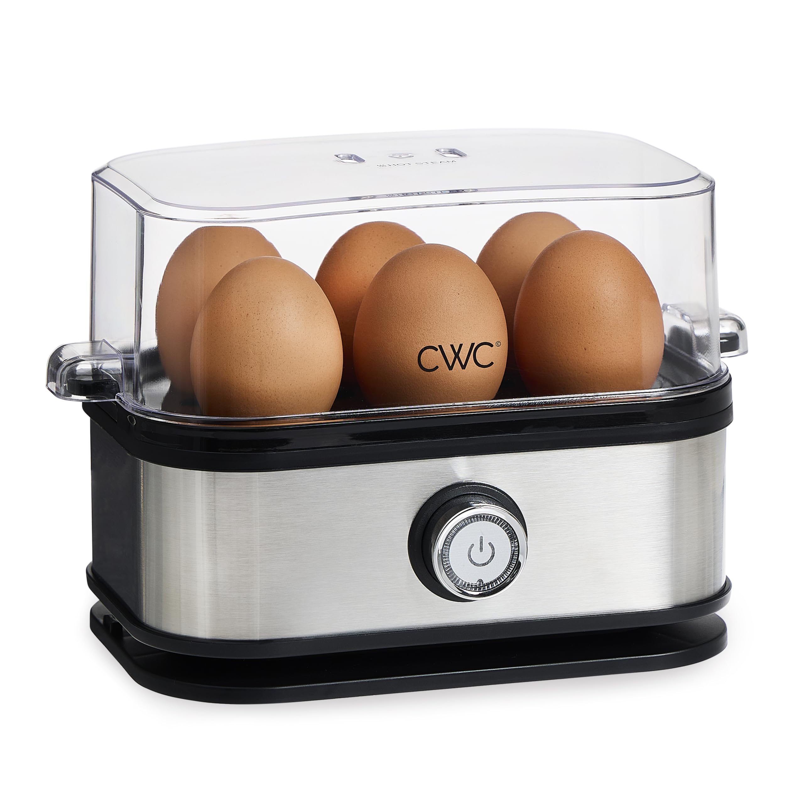 COOK WITH COLOR: 210 Watt Egg Cooker - 6 Egg Capacity, Rapid Cook Time, Auto Shut Off, with Tray, Measuring Cup, and Lid, Stainless Steel