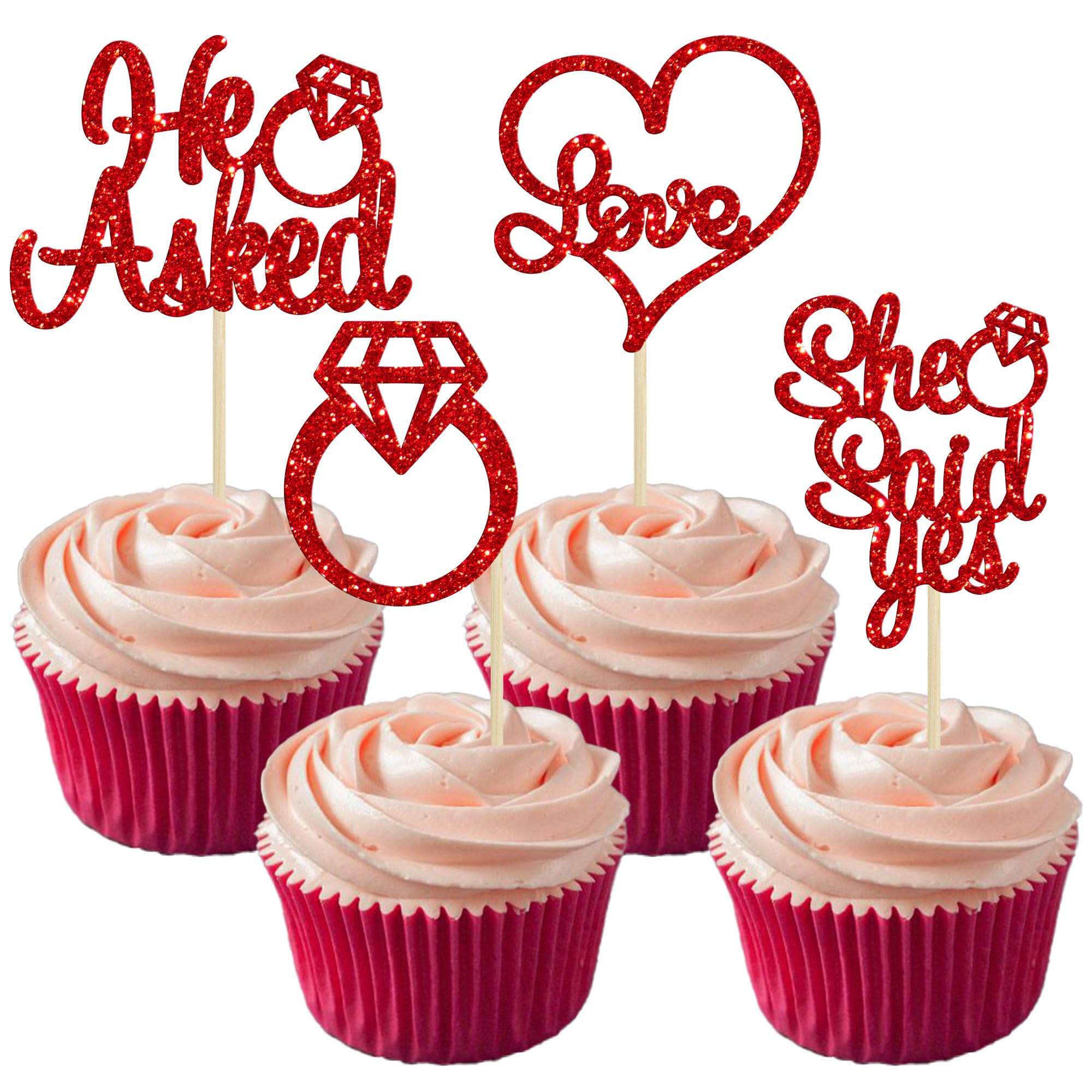 Gyufise He Asked She Said Yes Cupcake Toppers Gold Glitter Diamond Ring Heart Love Cake Picks for Wedding Engagement Party Cake Decorations 24 Pack