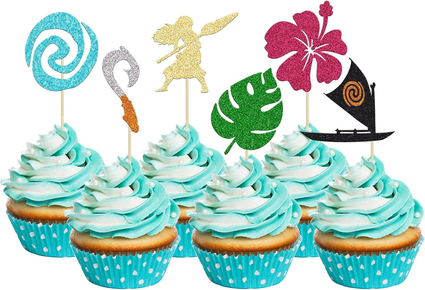 24Pcs Mo Inspired Birthday Cupcake Toppers Glitter Palm Leaf Flower Moana Cupcake Picks Hawaiian Birthday Party Decoration for Tropical Luau Summer Party Baby Shower Wedding