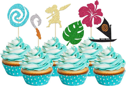 24Pcs Mo Inspired Birthday Cupcake Toppers Glitter Palm Leaf Flower Moana Cupcake Picks Hawaiian Birthday Party Decoration for Tropical Luau Summer Party Baby Shower Wedding