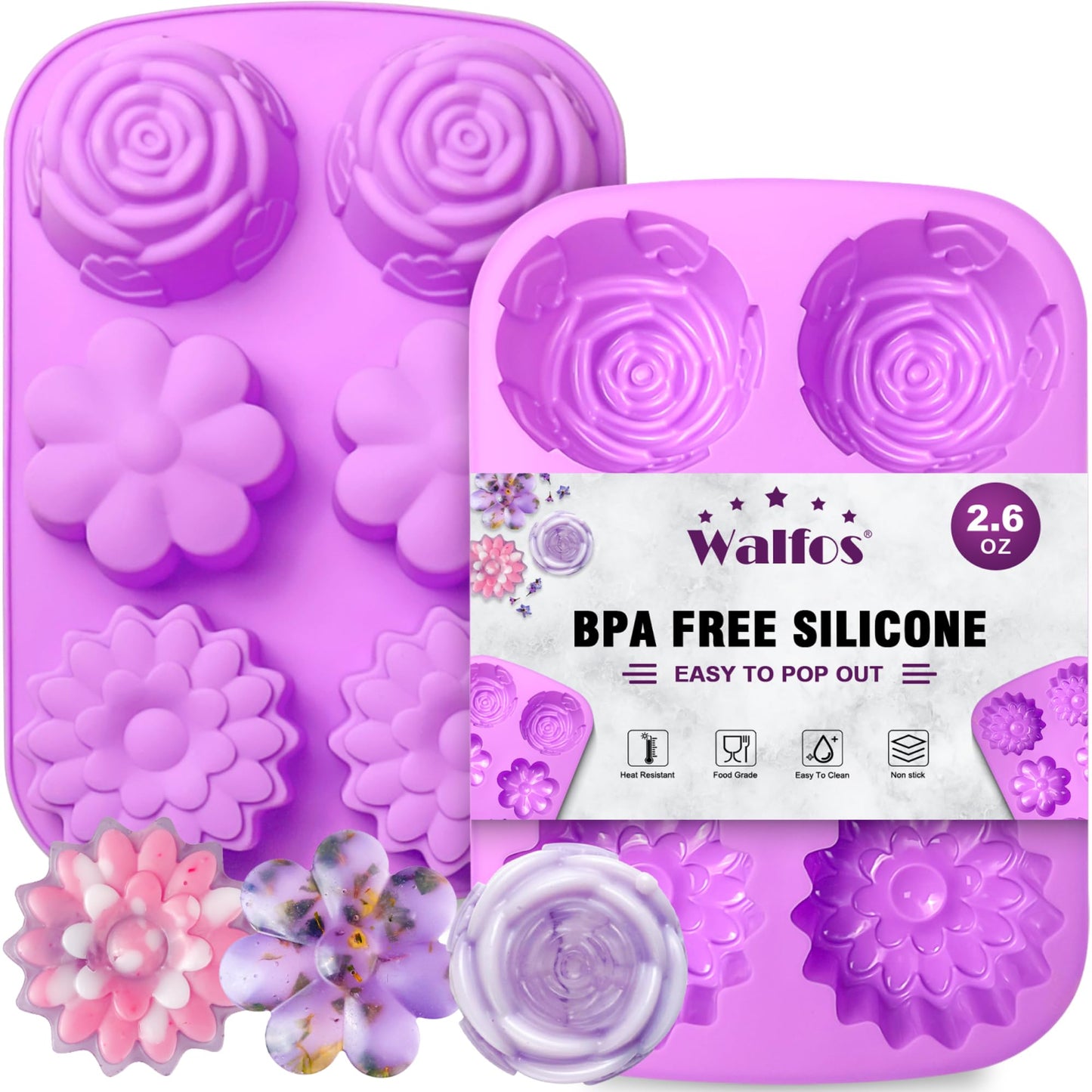 Walfos Silicone Soap Molds Set of 3, 6 Cavities Rectangle Silicone Soap Molds for Homemade Craft Soap Mold, Cake,Chocolate ＆ Ice Cube Tray（Blue & Purple ＆ Pink）