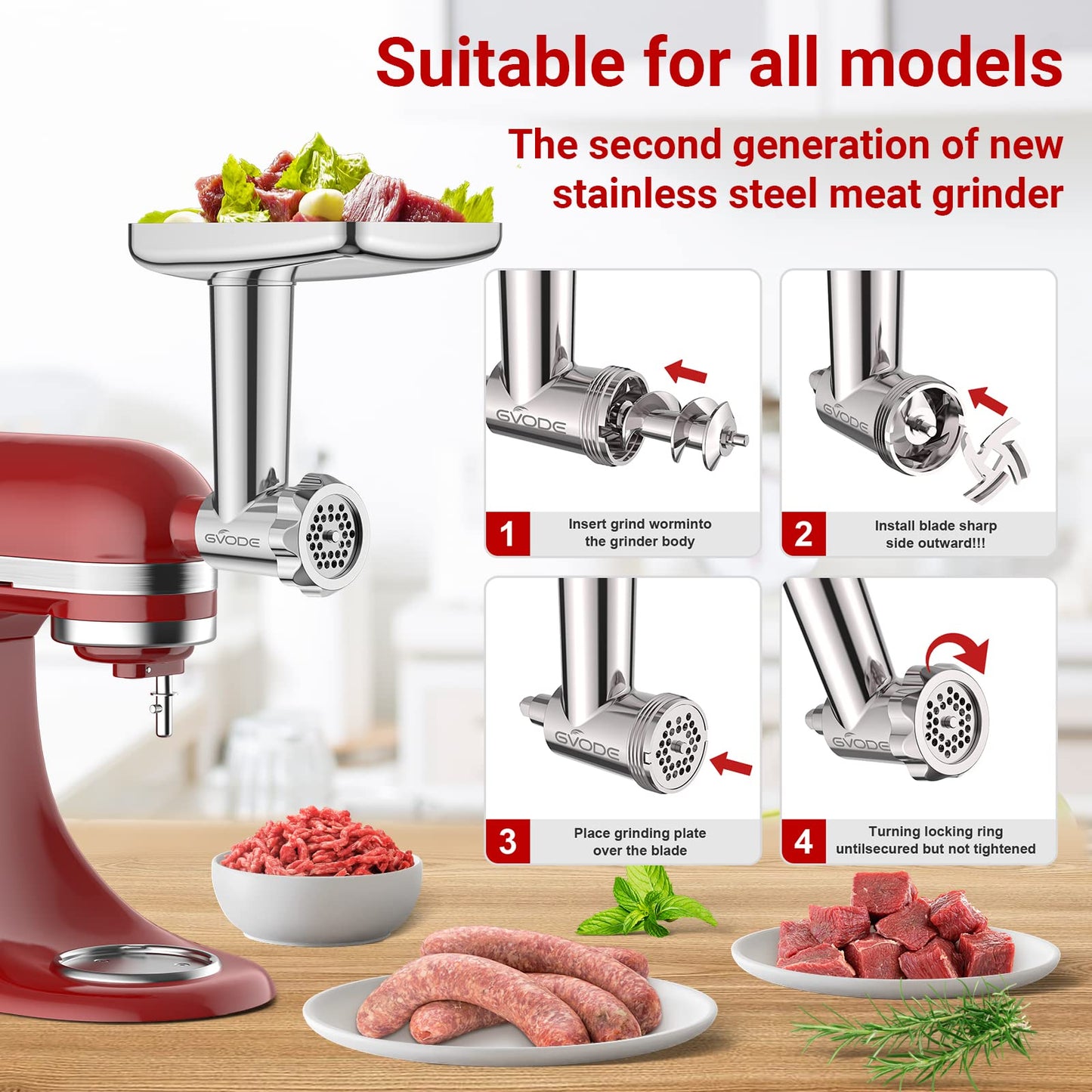 Stainless Steel Meat Grinder Attachment for KitchenAid Stand Mixer, Food Grinder attachment with 4 Grinding Plates, 3 Sausage Stuffer Tubes, 2 Grinding Blades, Mixers Accessories for Kitchen Aid