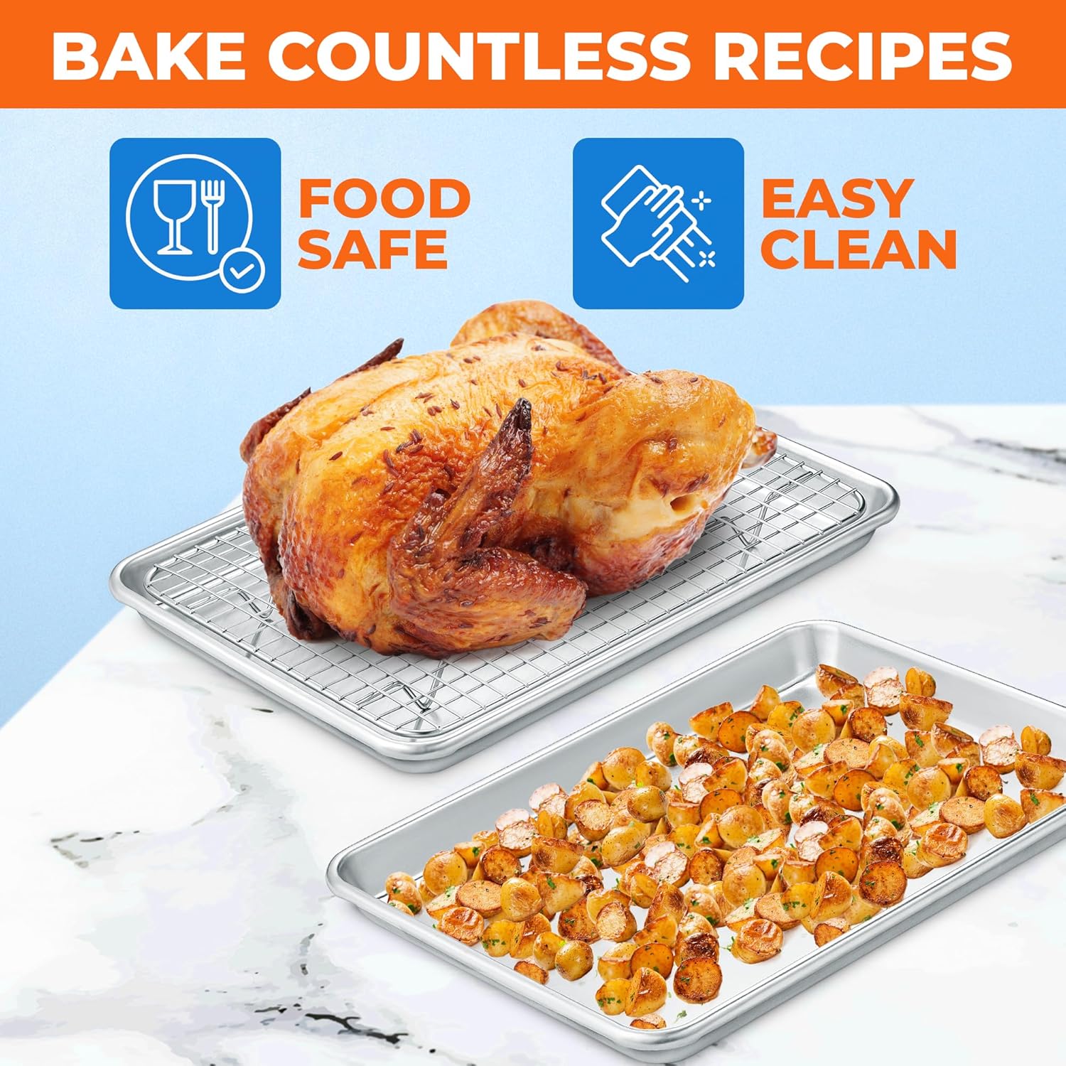 Baking Pan Set - 9" x 13" Aluminum Baking Pan with Stainless Steel Cooling Rack Set, PFOA, PFOS, PTFE Free, Recipe Booklet Included, Oven Safe Tray, Resist Heat Up To 500° F, Set of 2
