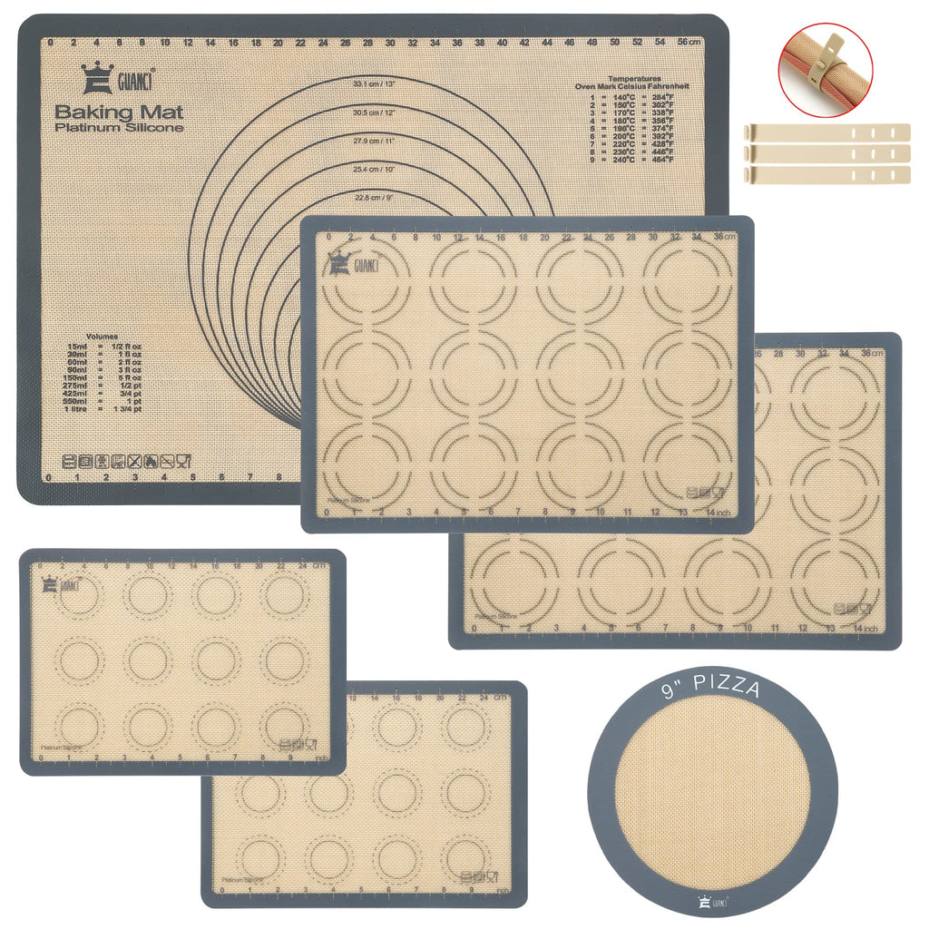 Silicone Baking Mat Set of 4, GUANCI Grade Food Baking mats Non-Stick Reusable Pizza Bakeware Mat for Making Macaroon, Pizza, Cookie, Pastry, Bread, Bun(Grey)