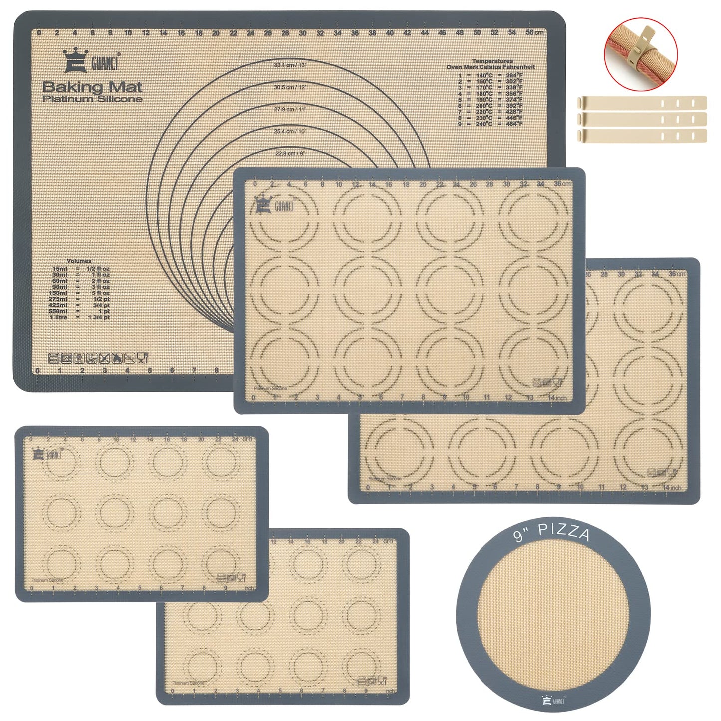 Silicone Baking Mat Set of 4, GUANCI Grade Food Baking mats Non-Stick Reusable Pizza Bakeware Mat for Making Macaroon, Pizza, Cookie, Pastry, Bread, Bun(Grey)