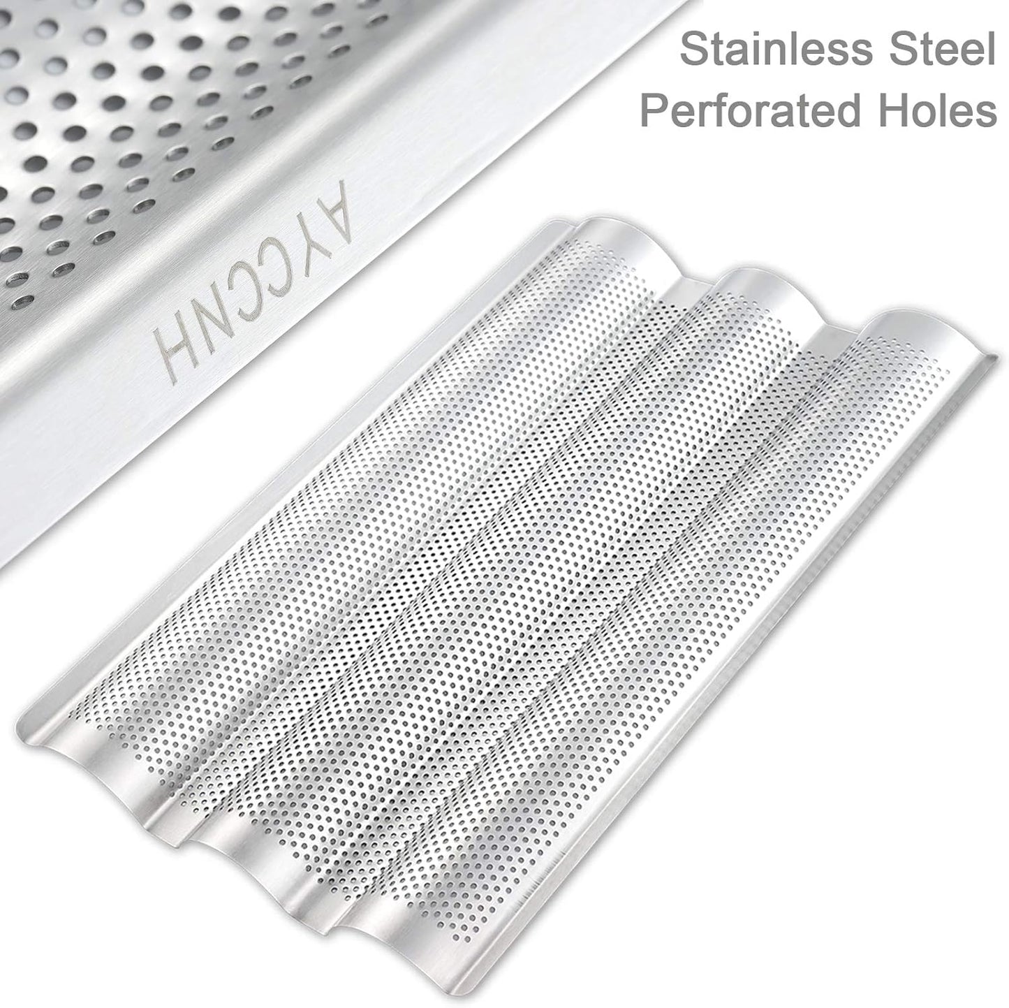 Stainless Steel French Baguette Bread Pan, Perforated Loaf Pans for Baking 15"x10", 3 Waves Toaster Oven Baking Tray (1 Pack)