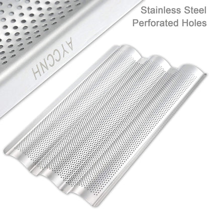 Stainless Steel French Baguette Bread Pan, Perforated Loaf Pans for Baking 15"x10", 3 Waves Toaster Oven Baking Tray (1 Pack)