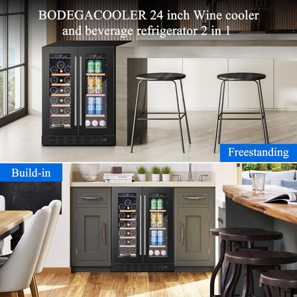 BODEGACOOLER 24 Inch Wine and Beverage Refrigerator, 2 Door Commercial Back Bar Cooler, Dual Zone Wine Cooler Refrigerator, Back Bar fridge for bar, party, Hold 20 Bottles and 57 Cans,LED light,Black.