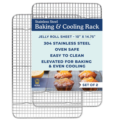 Ultra Cuisine Oven-Safe, Dishwasher-Safe 100% Stainless Steel Cooling and Baking Rack Set Heavy Duty Tight-Wire - 11.5 x 16.5-inch - Set of 2 - Half Sheet Pan Cooling Racks