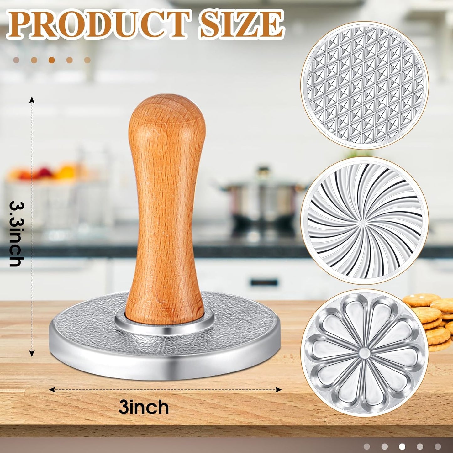 Wenqik 3 Pcs Cookie Stamps Round Metal Cookie Press Cutter Mold with Wooden Handle Cookie Embossing Stamp Mold Cookie Stamper Decorating Supplies for DIY Baking Cakes Pastries Easy to Use Gift Package