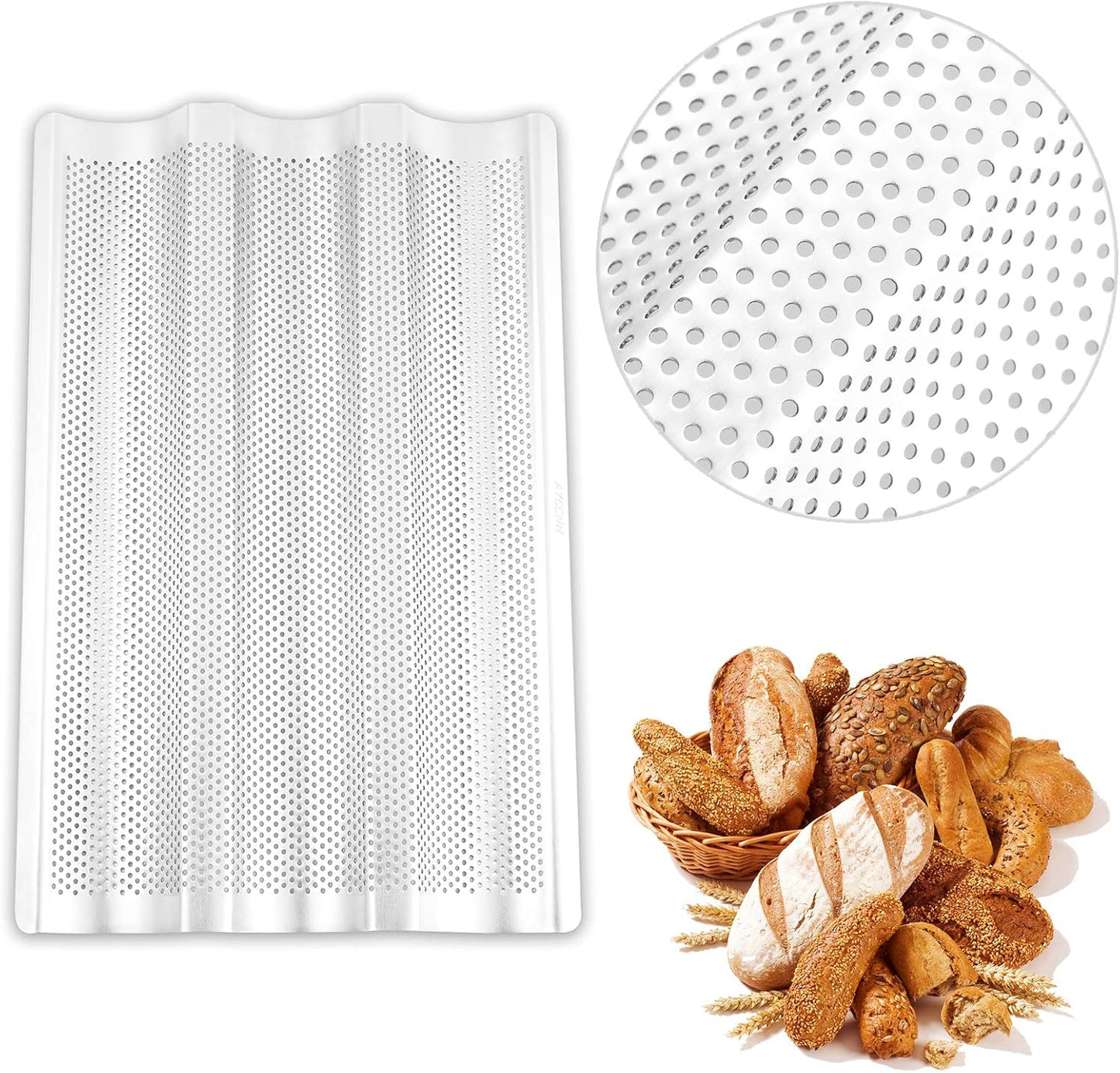 Stainless Steel French Baguette Bread Pan, Perforated Loaf Pans for Baking 15"x10", 3 Waves Toaster Oven Baking Tray (1 Pack)