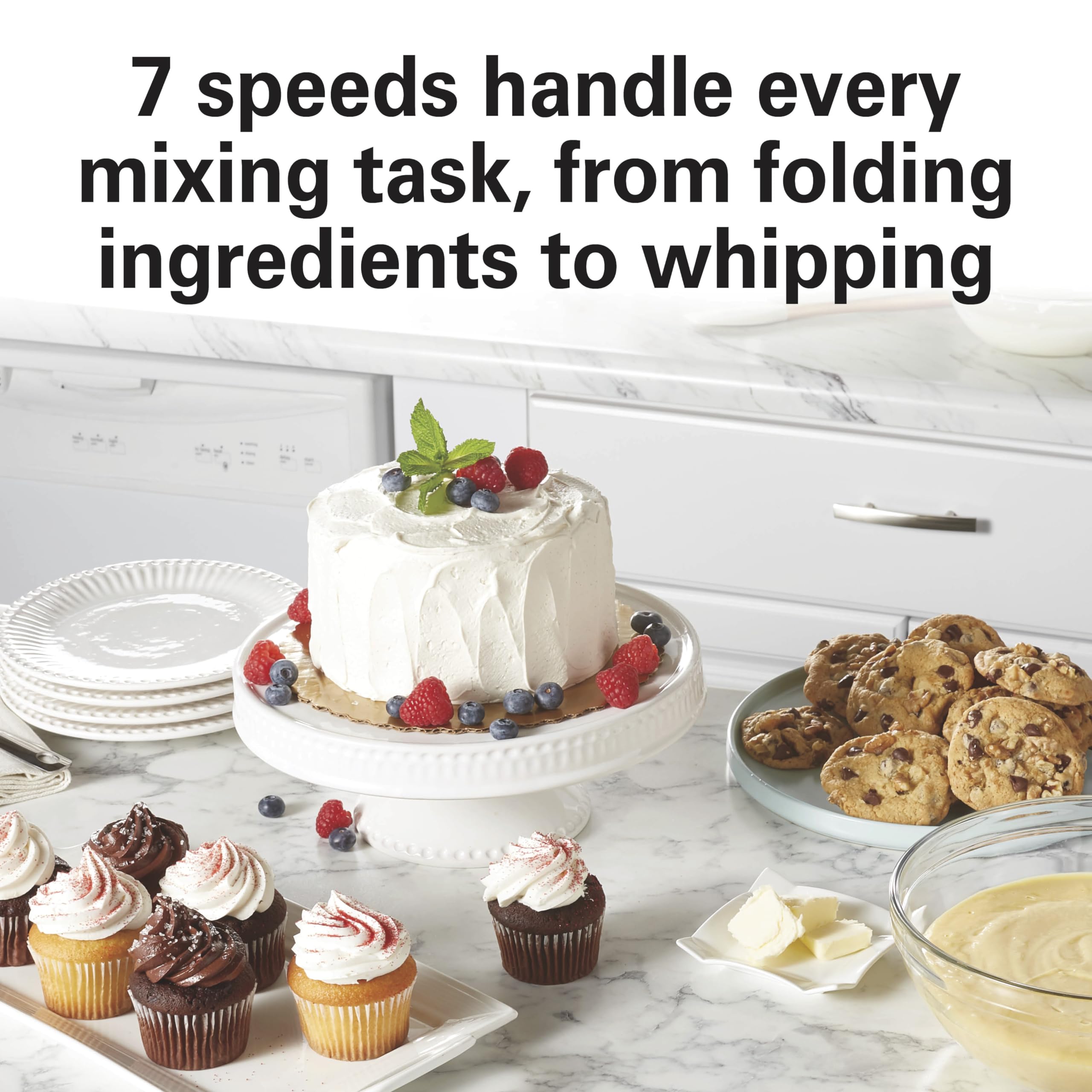 Hamilton Beach Electric Stand Mixer, 4 Quarts, Dough Hook, Flat Beater Attachments, Splash Guard 7 Speeds with Whisk, Rose