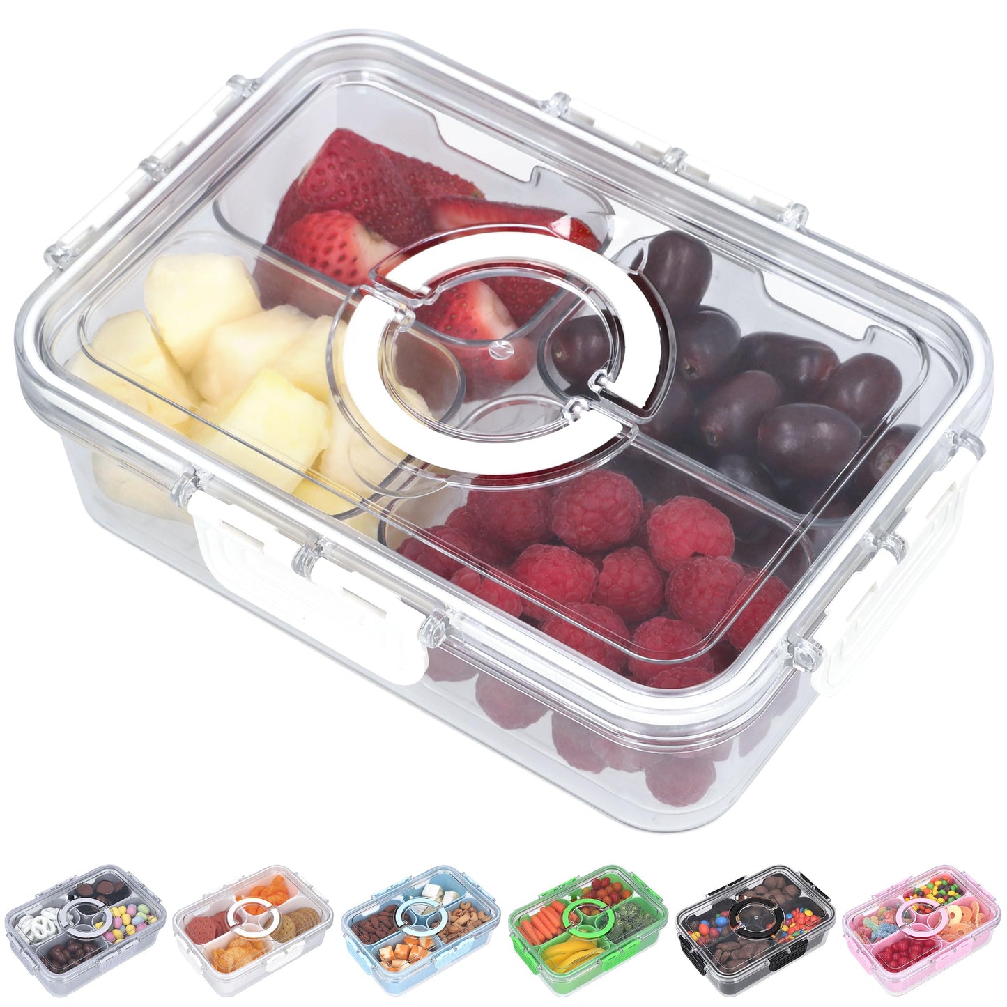Snackle Box Container with Lid- Travel Charcuterie Box with Handle - Organizer for Candy, Fruit, Nuts, Veggies, Snacks, Beach Essentials, Portable Lunch Box (Pink, Small)