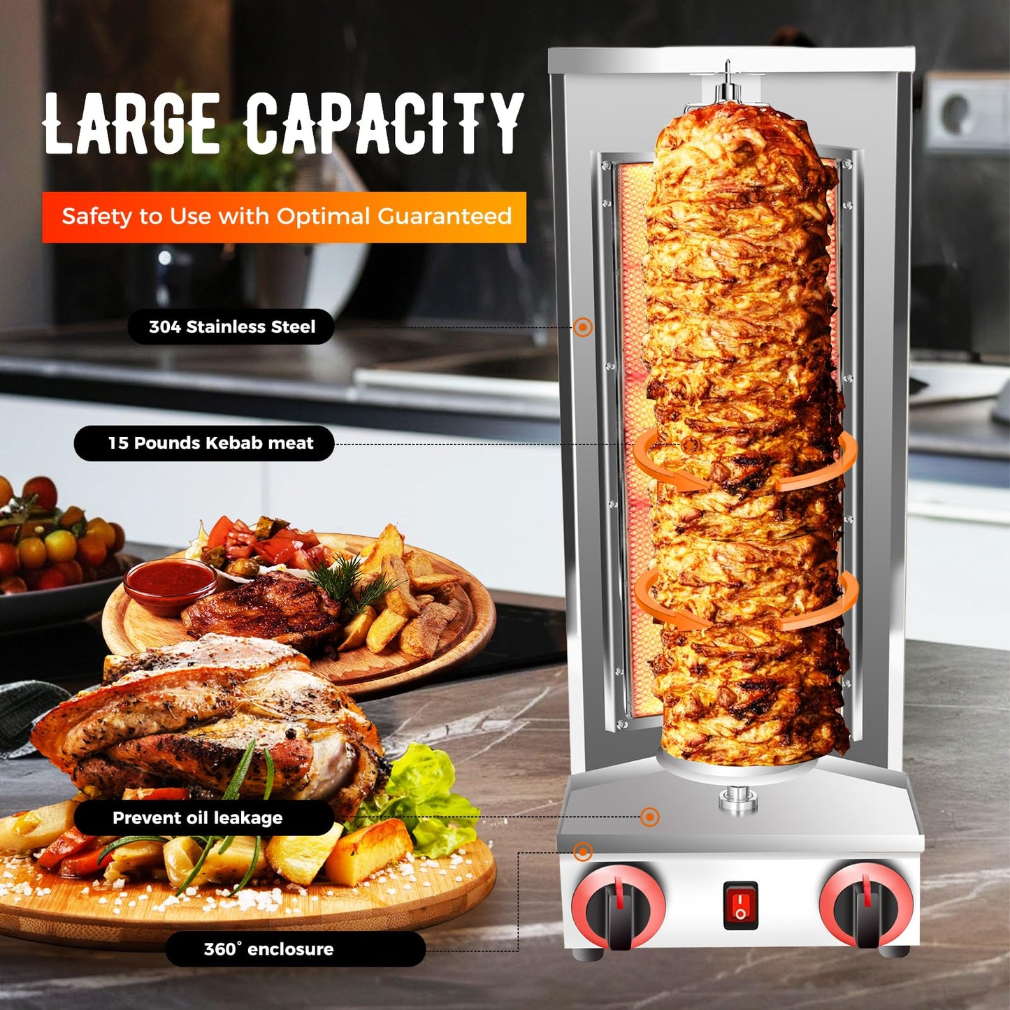 Shawarma Doner Kebab Machine Grill Gas Vertical Broiler Gyro Meat Rotisserie with 2 Burner for Restaurant Home Garden