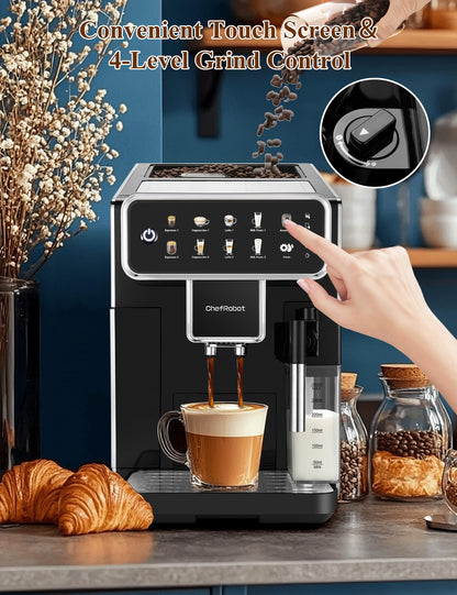 ChefRobot Automatic Espresso Machine Coffee Maker 12 Cup with Grinder Cappuccino Latte Americano Machine with Milk Frother for Home/Office