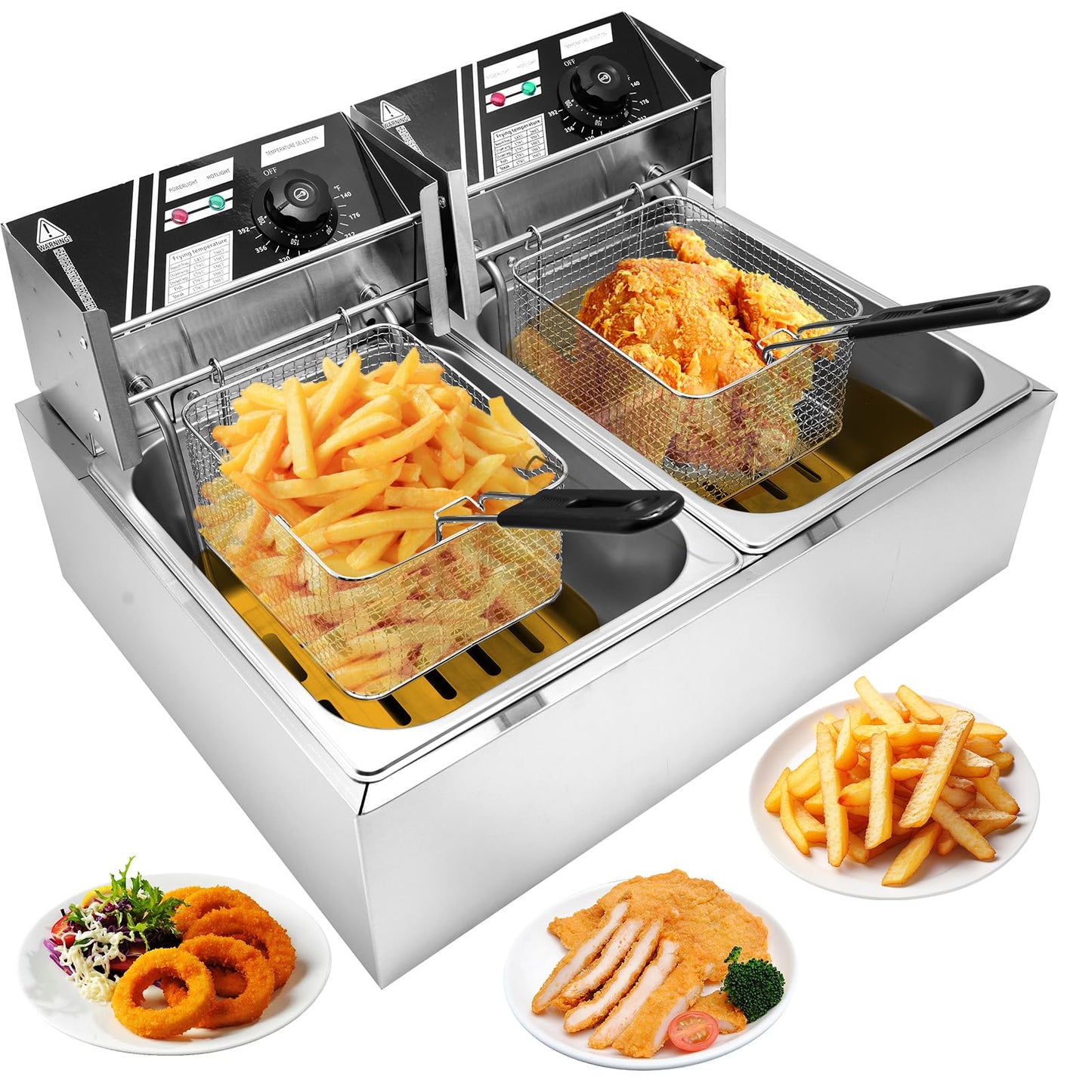 Jwevvie Commercial Deep Fryer - 22.8 QT Electric Deep Fryers with Baskets 0.8mm Thickened Stainless Steel Countertop Oil Fryer Large Capacity with Temperature Limiter (Double Tank)