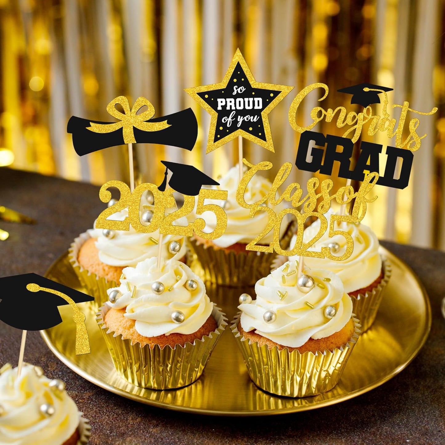 48 PCS Graduation Cupcake Toppers 2025, 6 Style Black and Gold Graduation Cake Toppers, Glitter Design Class of 2025 Toppers Grad Cupcake Picks, Disposable 2025 Graduation Decorations