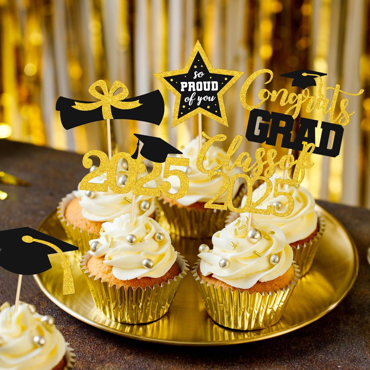 48 PCS Graduation Cupcake Toppers 2025, 6 Style Black and Gold Graduation Cake Toppers, Glitter Design Class of 2025 Toppers Grad Cupcake Picks, Disposable 2025 Graduation Decorations