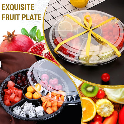 mwellewm 10 Pcs Round Plastic Appetizer Tray with Lid Divided Serving Tray, Disposable Food Storage Containers, Kids Snack, Fruit Platter Vegetable Trays for Party and Buffet