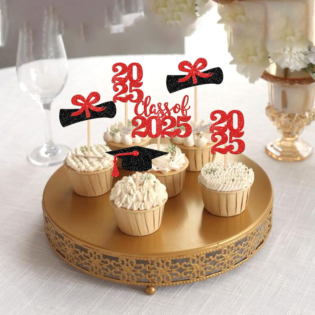 36 PCS 2023 Graduation Theme Cupcake Toppers Glitter Class of 2023 Graduation Cap Diploma Cupcake Picks Party Cake Decorations Supplies Red