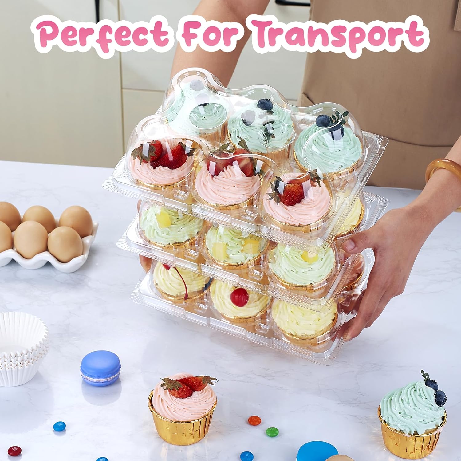 (6 Count x 40 Sets) Stackable Cupcake Containers with 240 Pack Liners, Plastic Cupcakes Boxes Holders for 6 cakes, High Tall Dome Lid Cupcakes Carrier, Clear Cupcake Trays/Containers/Holders
