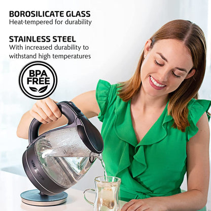 OVENTE Glass Electric Kettle Water Boiler 1.5 Liter Borosilicate Glass Fast Boiling Countertop Heater - BPA Free Auto Shut Off Instant Water Heater Kettle for Coffee & Tea Maker - Black KG83B