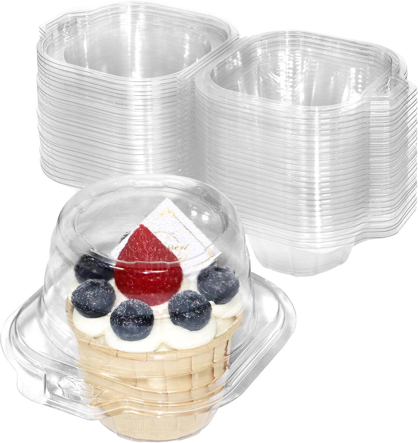 50 Pack Individual Cupcake Containers, Plastic Cupcake Boxes with Lids, Stackable and Reusable, Clear Design for Cupcakes, Muffins, Donuts, Salad Storage