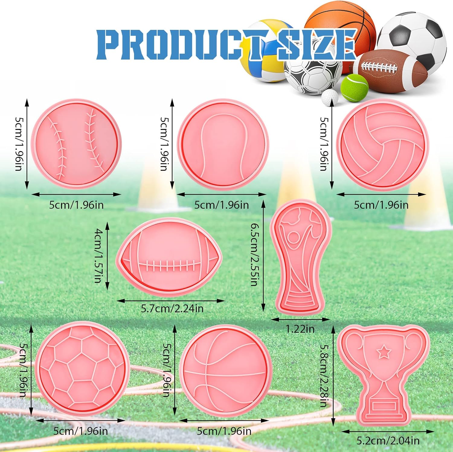 8 Pieces Sport Ball and Birthday Cookie Stamps with Plunger Cutters Set 3D Football Volleyball Soccer Basketball Cake Flower Shape Biscuit Cutter Cookie Stamps for DIY Supplies(Ball Style)