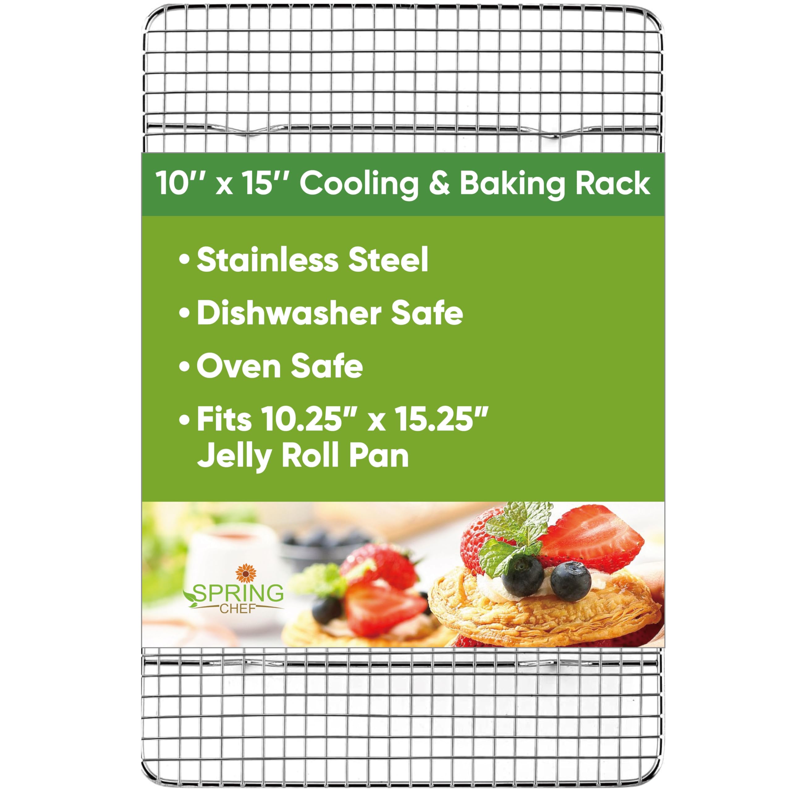 Spring Chef 10" x 15" Stainless Steel Cooling Racks for Baking - Oven Safe - Cookie Racks for Cooling Cookies - Fits Jelly Roll Pan - Perfect for Grilling, Roasting, Cooking, Drying - Set of 2