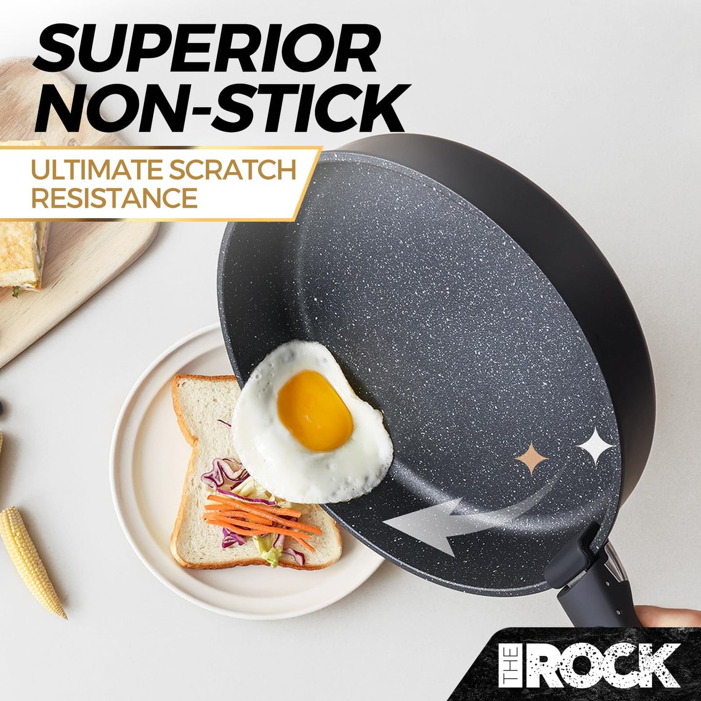 THE ROCK SMART SPACE 16pc Nonstick Pots and Pans Set with ROCK.TEC, Stackable Cookware Set with Detachable Handles, Scratch/Stain/Crack Proof, Induction Ready, Oven & Dishwasher Safe, PFOA-Free, Black