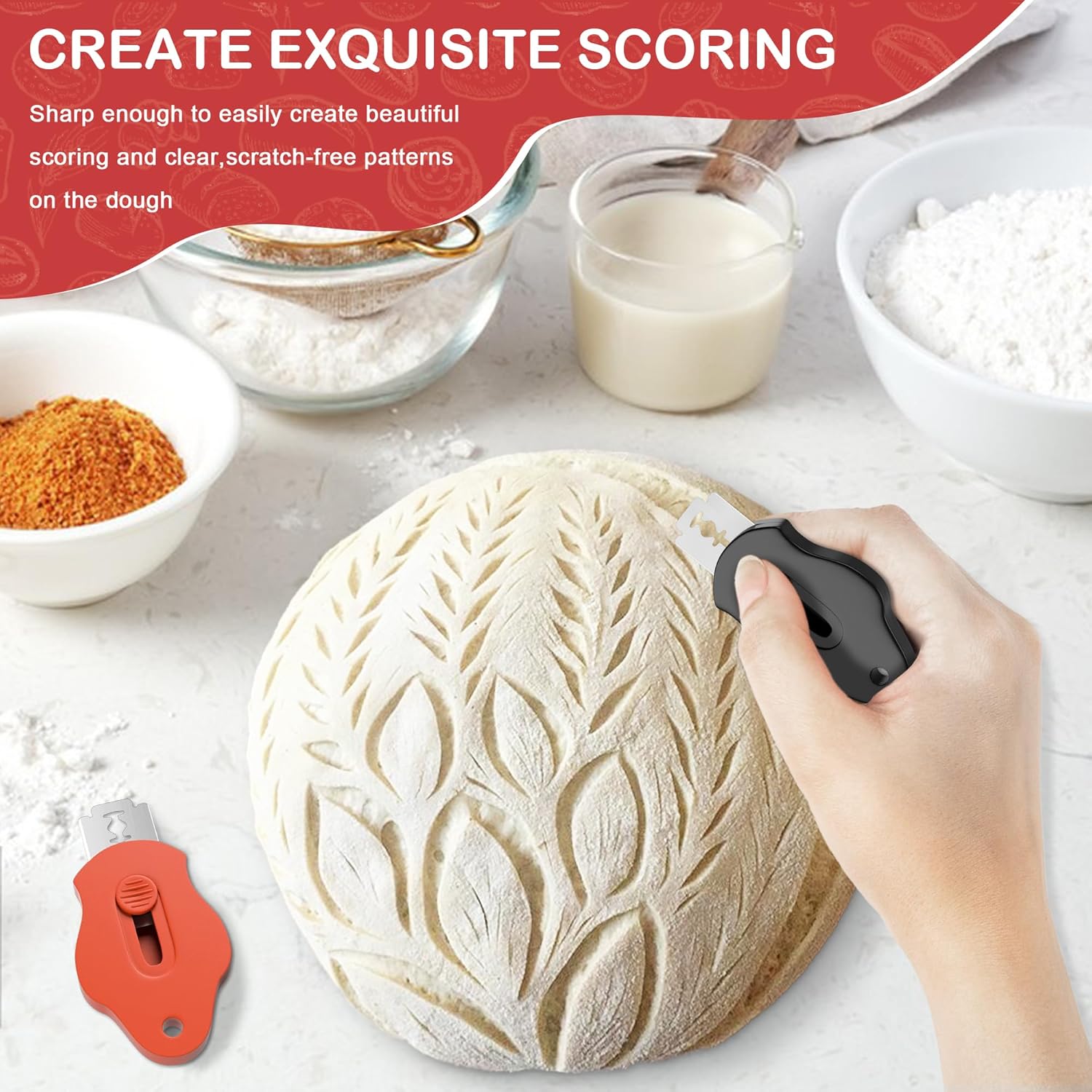 Magnetic Bread Lame Dough Scoring Tool, Professional Sourdough Scoring Tool for Sourdough Bread Baking, Bread Making Knife, Extractable Bread Scoring Tool with 5 Razor Blades&Scoring Patterns Booklet