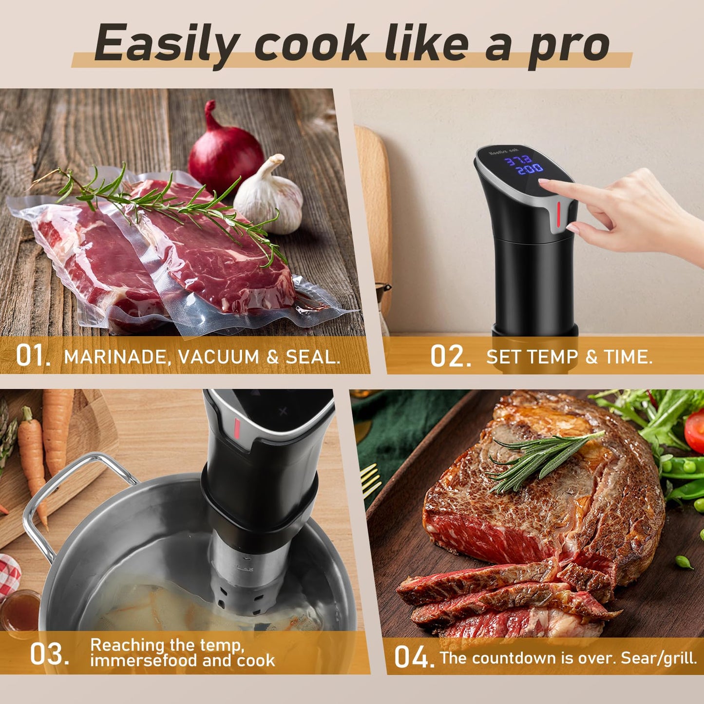 Hooflszcok Sous Vide Machine Precision Cooker, App Controlled Immersion Circulator with Digital Touch Screen,Quiet and Energy Efficient Includes Timer Function and Recipe Book for Beginners Home Chefs