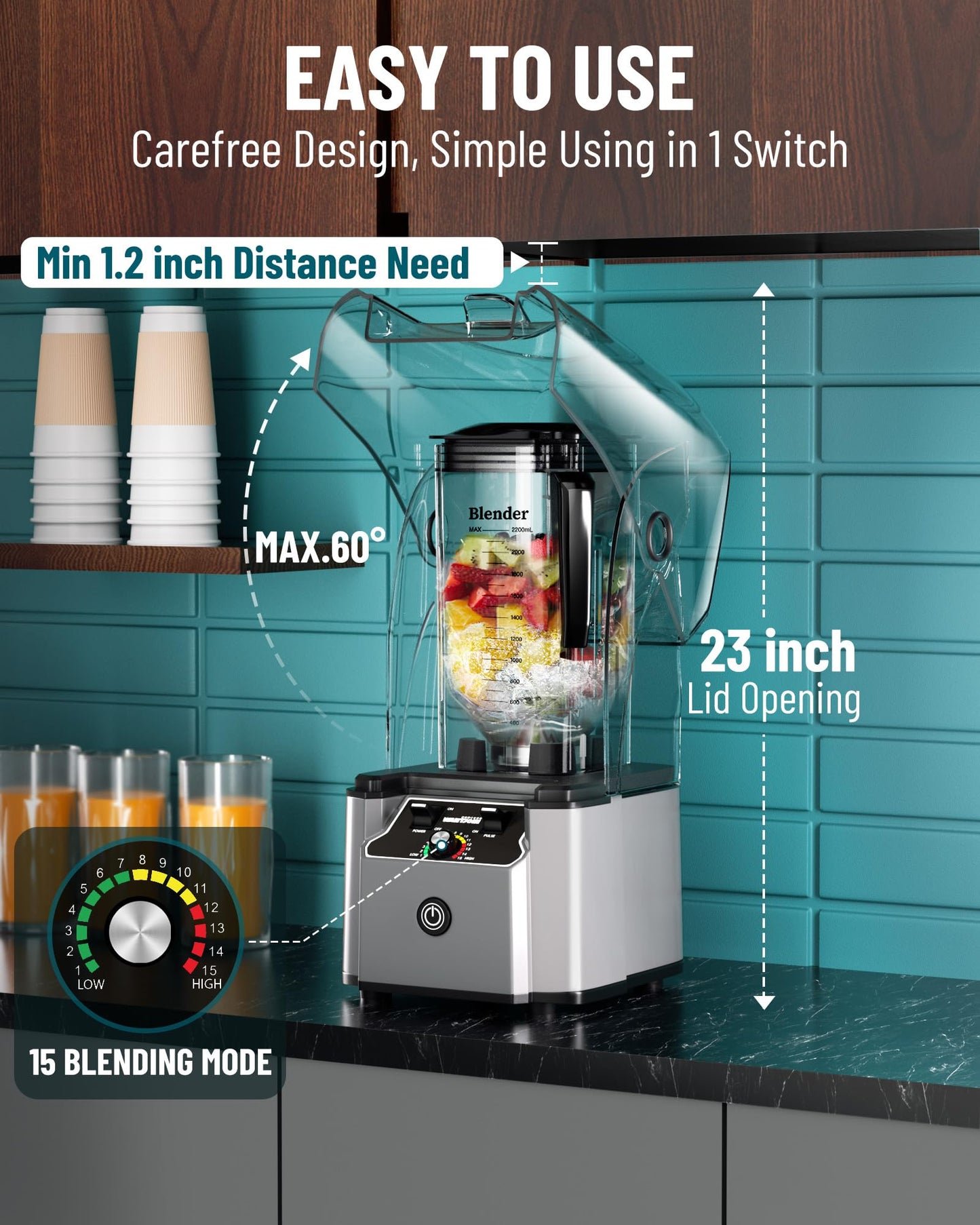 WantJoin Commercial Professional Blender With Shield Quiet Sound Enclosure 2200W Industries Strong and Quiet Professional-Grade Power, Self-Cleaning, Silver