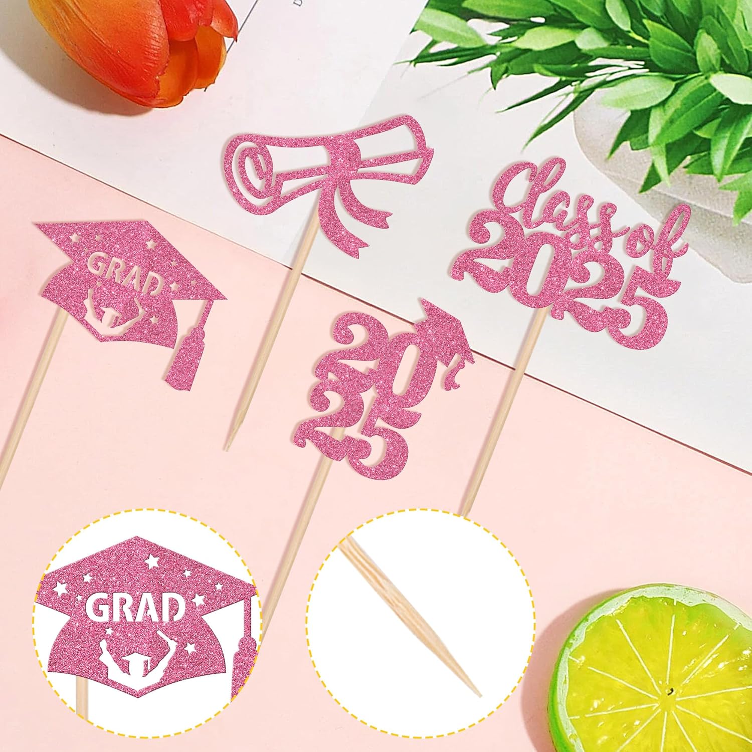 24 PCS 2025 Graduation Cupcake Toppers Glitter Diploma Congrats Grad Cap Cupcake Picks Class of 2025 Cake Decorations for 2025 Graduation Theme Party Supplies Pink