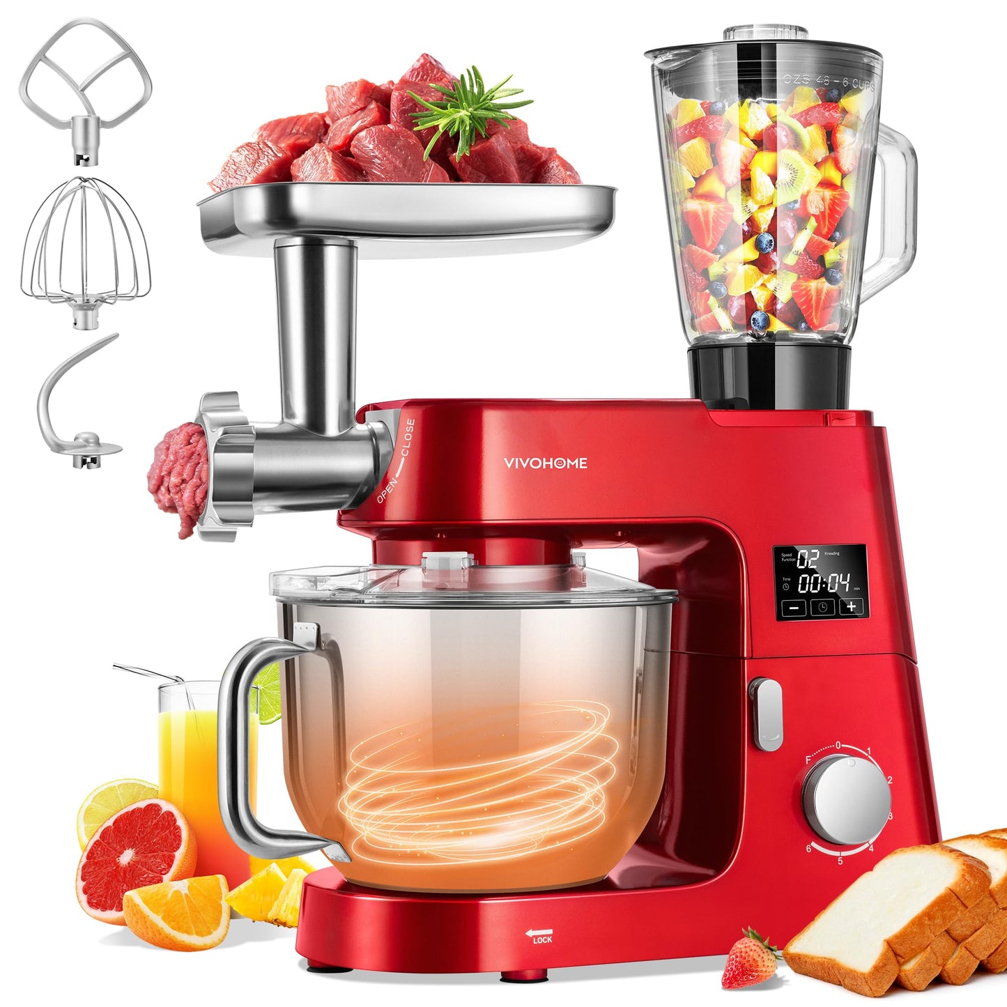 VIVOHOME 9 in 1 Multifunctional Stand Mixer with Fermentation, 6 Speed 7.5 Quart Kitchen Electric Food Mixer with Timer, Meat Grinder, Juice Blender, Vegetable Slicer, Pasta and Cookie Maker, Red