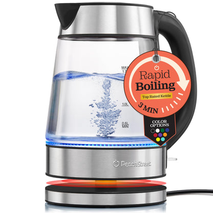 Speed-Boil Electric Kettle For Coffee & Tea - 1.7L Water Boiler 1500W, Borosilicate Glass, Easy Clean Wide Opening, Auto Shut-Off, Cool Touch Handle, LED Light. 360° Rotation, Boil Dry Protection