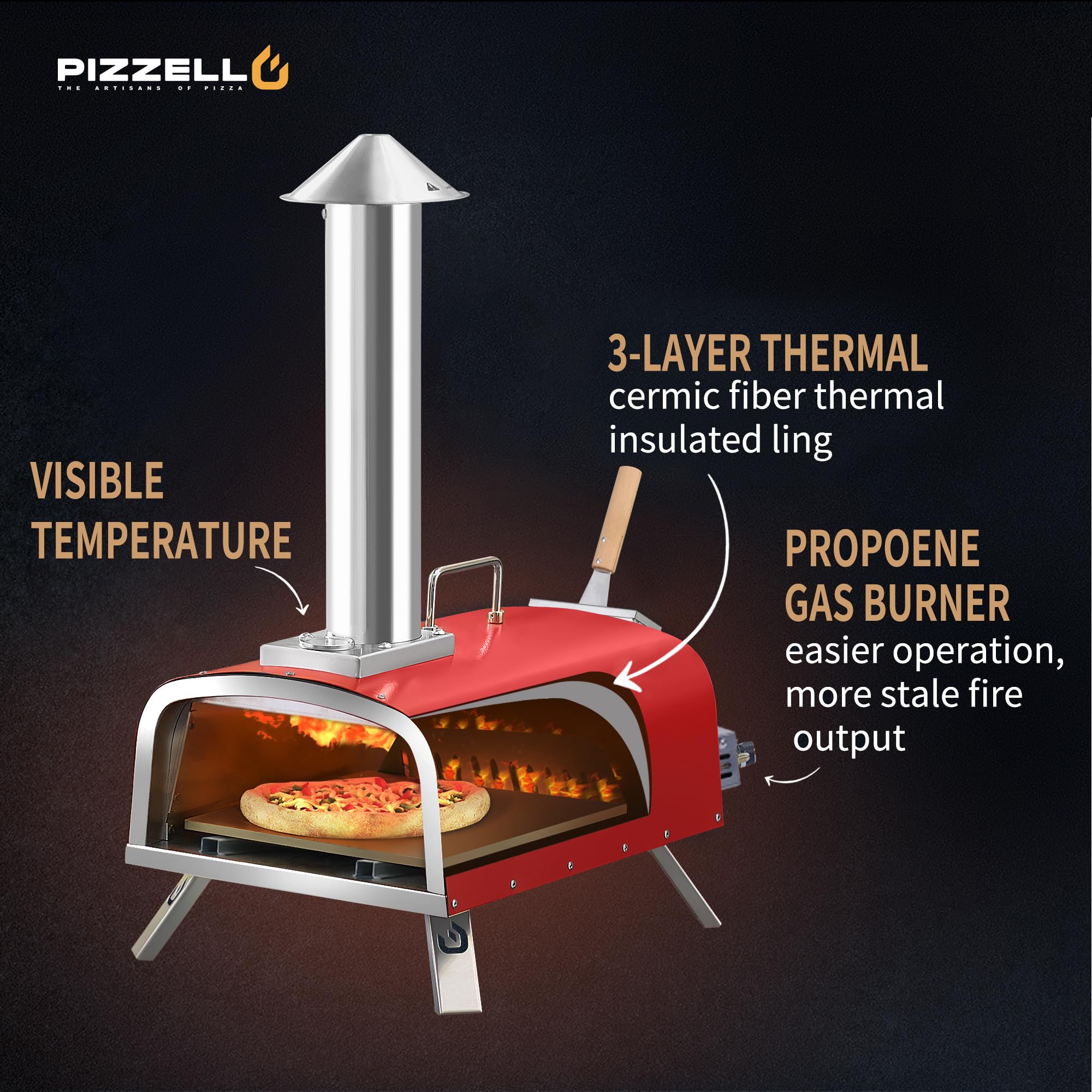 Піч для піци PIZZELLO 12 дюймів, вулична піч на пропані та дровах, багатопаливна піч з газовим пальником, дерев'яним підносом, каменем, лотком для піци, кришкою, газ Forte (червоний)