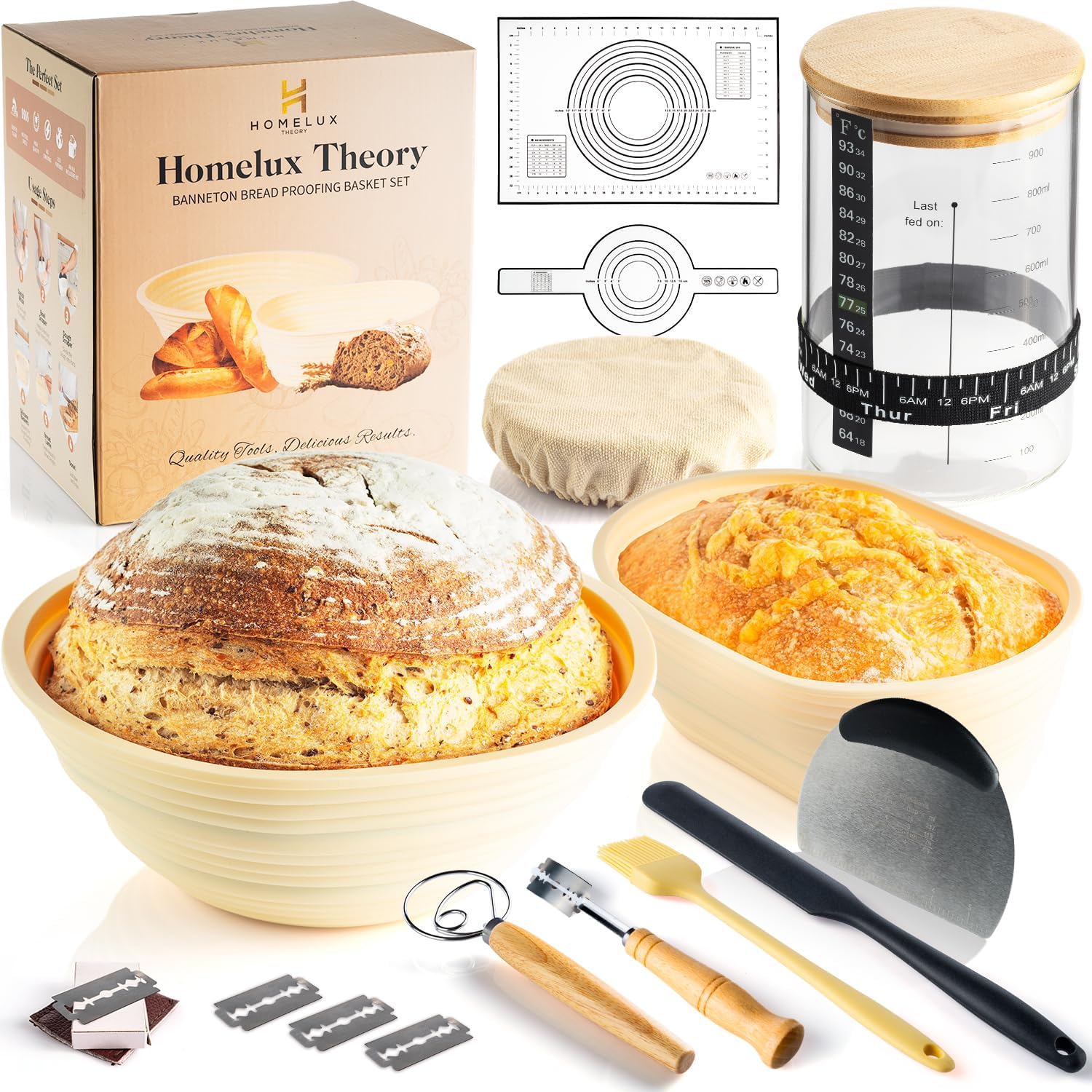 Sourdough Starter Kit, Silicone Banneton Bread Proofing Basket Set, Sourdough Bread Baking Supplies, Bread Making Kit for Sourdough Proofing with Bread Baking Bowl for Artisan Breads (Yellow)