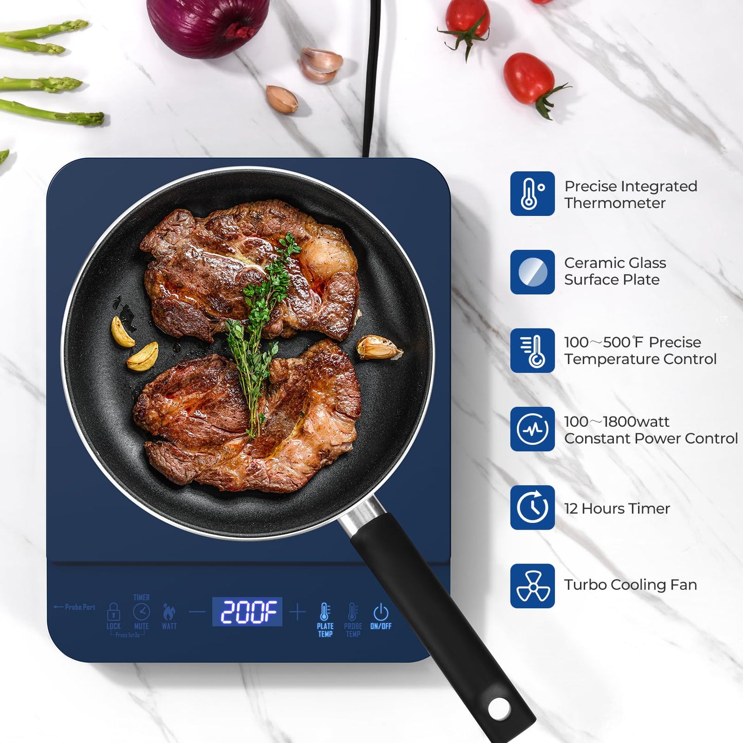 Northmas Induction Cooktop, Portable Induction Cooktop Burner with Precision Digital Probe, 3 Cooking Modes with Precise ±5℉ Temps & ±100 Watt Adjustment, Ceramic Glass Plate, Turbo Cooling Fan