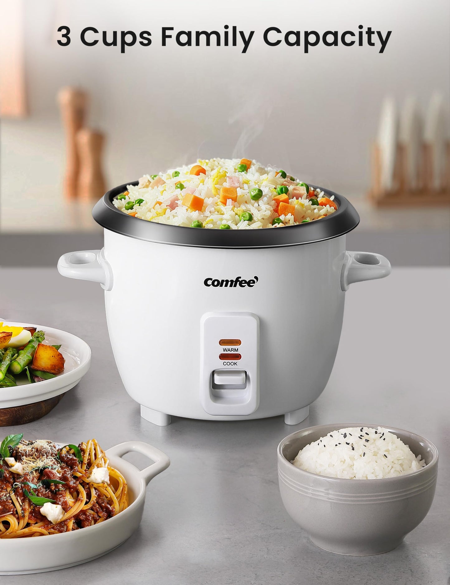 COMFEE' Rice Cooker, 6-Cup Cooked/3-Cup Uncooked, Removable Non-Stick Bowl, for Soups, Stews, Grains&Oatmeal, One Touch, White