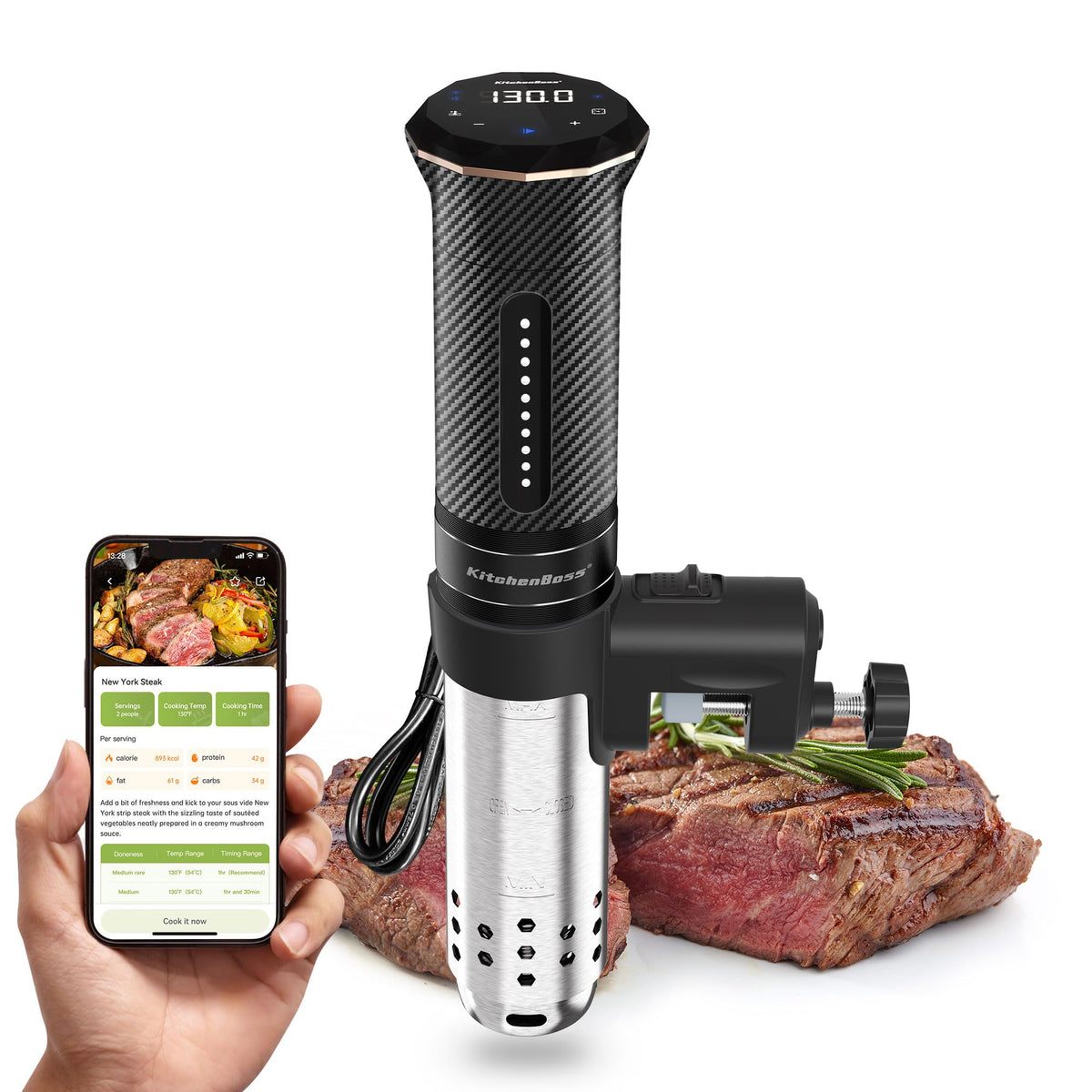 Машина KitchenBoss Sous-Vide Wifi: Ультратиха плита Sous-Vide із занурювальним циркулятором, керування за допомогою додатка, водонепроникна нержавіюча сталь IPX7, професійна прецизійна плита Sous-Vide потужністю 1100 Вт, чорна