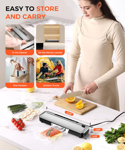 Vacuum Sealer Machine,75Kpa Precision Suction Power 6-in-1 Food Sealer with Digital Timer, Dry & Moist Food Modes, Compact Design with 10 Vacuum Bags & Bulit-in Cutter(Sliver)