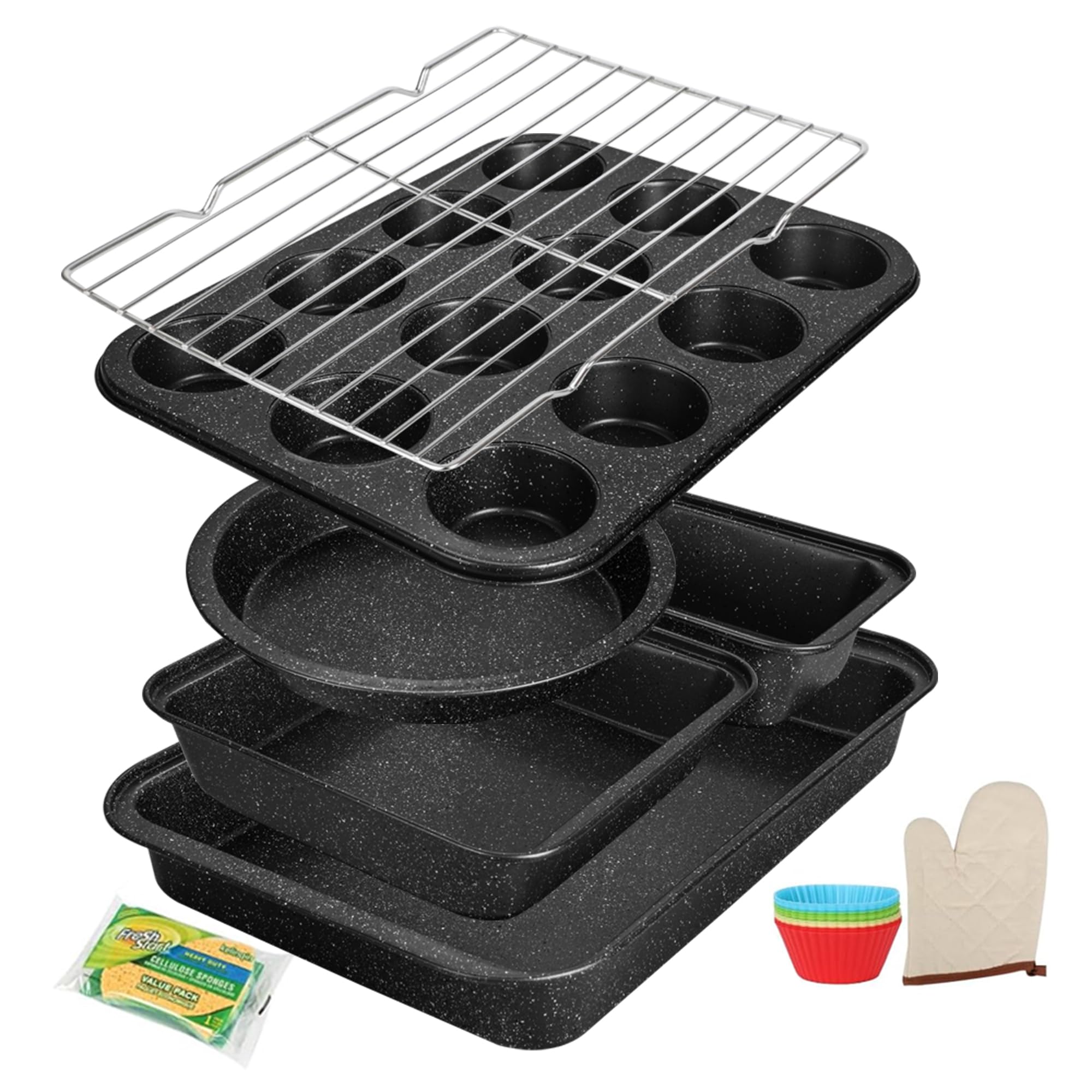 Baking Pans Set 6-Pieces, Non Stick Bakeware Set Stackable, with Cookie Sheet, Muffin, Round/Square Cake Pan, Loaf Pan, Rack, Oven Mitt for Home Baker, Gold