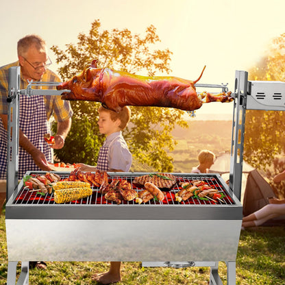 132 LBS Rotisserie Grill Stainless Steel Charcoal Spit Roaster, 37" Pig Lamb Hooded Roaster Charcoal Spit With 25W Motor & Adjustable Height Lockable Casters For Outdoor Party Barbecue