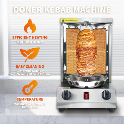 Generic Shwarma Grill Machine Gas Doner Kebab Machine Shawarma Cooker Propane Turkish Gyro Meat Rotisserie with 2 Burner and Meat Catch Pan, Silver