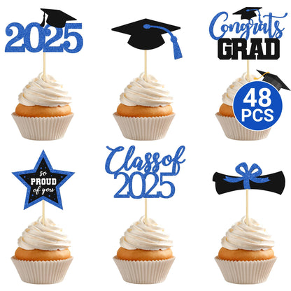 48 PCS Graduation Cupcake Toppers 2025, 6 Style Black and Gold Graduation Cake Toppers, Glitter Design Class of 2025 Toppers Grad Cupcake Picks, Disposable 2025 Graduation Decorations