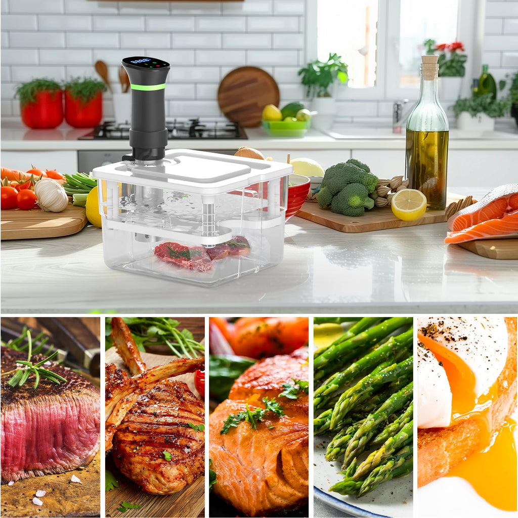 Zestaw do gotowania metodą sous vide, cyrkulatory zanurzeniowe 1000 W i pojemnik sous vide o pojemności 12,60 qt z pokrywką i rusztem, z cyfrowym wyświetlaczem temperatury i czasu