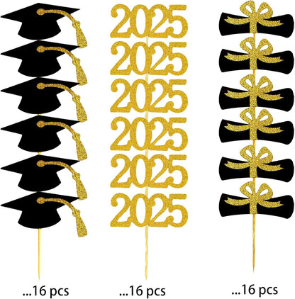 2025 Graduation Cupcake Toppers, 48 PCS Food/Appetizer Picks For Graduation Party Mini Cake Decorations, Diploma, 2025, Grad Cap Set 48 Pieces (01 Gold)