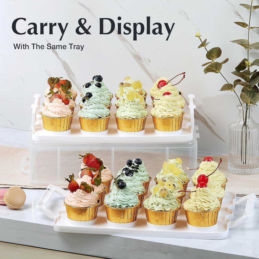 Plastic Cupcake Carrier 24 Count, 2-Layer Cupcake Holder Carries with Lid & Handles, Cookie, Cake, Cupcake and Brownie Storage Carrier, Reusable Cupcake Box