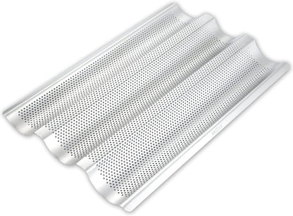 Stainless Steel French Baguette Bread Pan, Perforated Loaf Pans for Baking 15"x10", 3 Waves Toaster Oven Baking Tray (1 Pack)